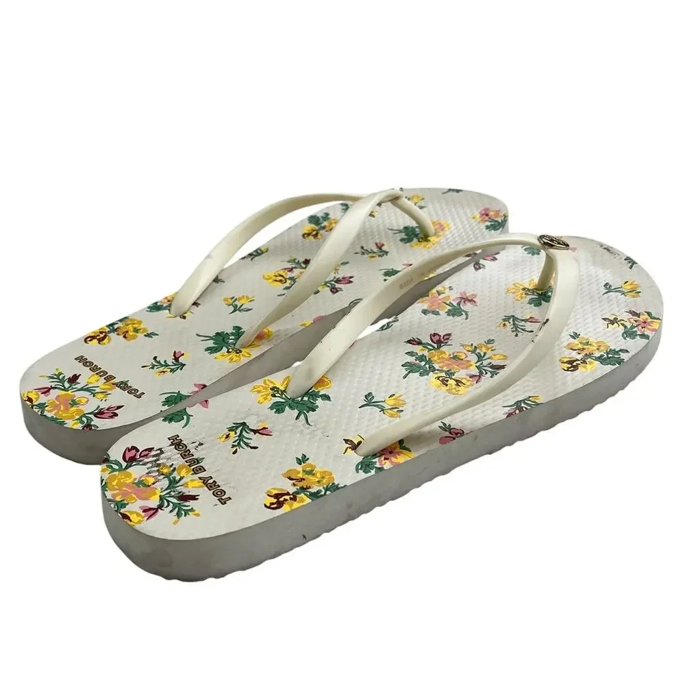 Womens Tory Burch Rubber Flip Flop Sandal 11M White Floral Beach Casual Outdoor